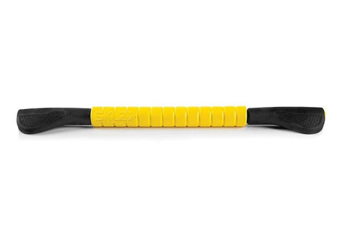 Massage roller with yellow textured center section and black grip handles on white background