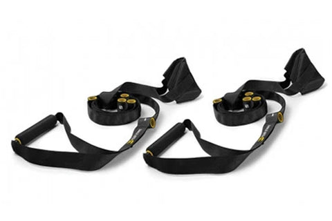 Black suspension trainer straps with yellow accents, featuring adjustable handles and anchor attachment, shown as pair on whi