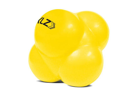 Three bright yellow reaction balls with black SKLZ logo, stacked together on white background