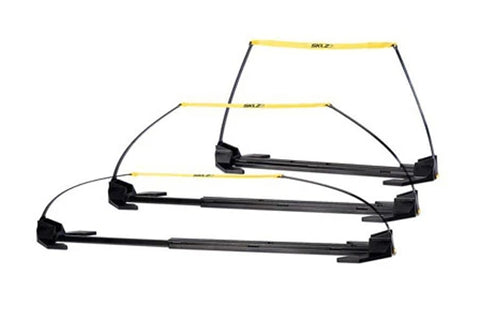 Three black SKLZ Speed Hurdle Pro training hurdles with yellow top rails, displayed in graduated heights on white background