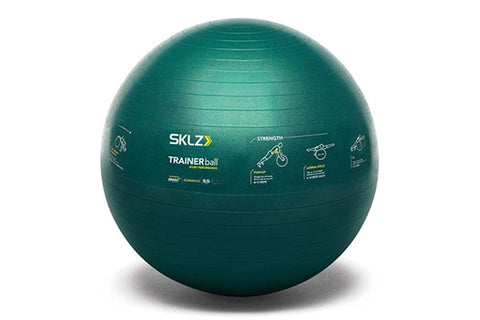 SKLZ Trainer ball in teal green with printed strength training instructions on white background