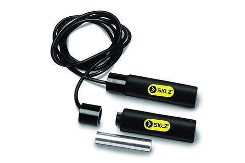 SKLZ weighted speed rope with black handles, yellow logo label, black cord, and metal weights on white background
