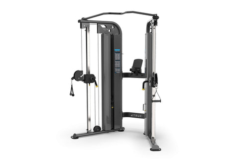 Black functional trainer machine with dual weight stacks, cable pulleys, and adjustable seat on white background