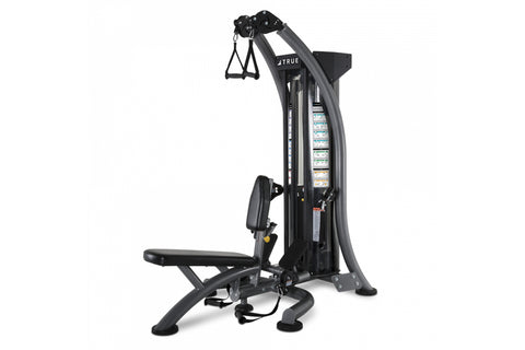 TRUE SM-1050 Quickfit Pro black multi-exercise weight machine with seat and pulley system on white background