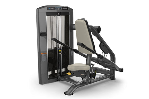 TRUE SPL-0500 tricep pushdown machine with gray metal frame, cream padded seat and backrest, black handles, and digital displ
