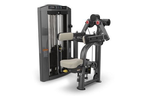 Black and gray commercial deltoid raise machine with cream-colored seat and arm pads, red adjustment knobs, displayed on whit