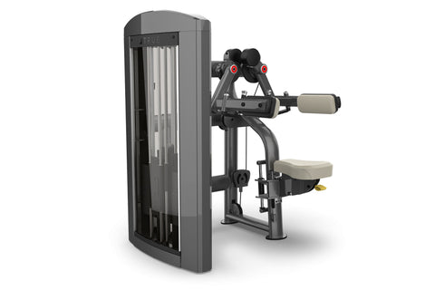Black and gray commercial deltoid raise machine with cream-colored seat and arm pads, red adjustment knobs, displayed on whit