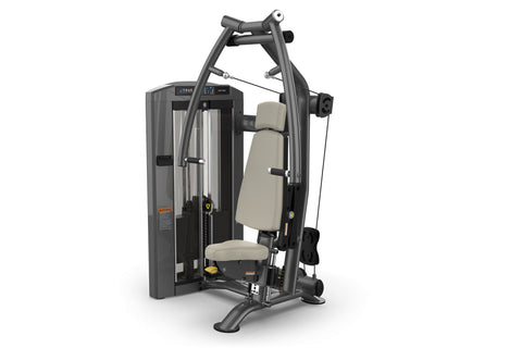 TRUE SPL-0900 chest press machine with black frame, cream-colored padded seat and back support, cable attachment arms, on whi