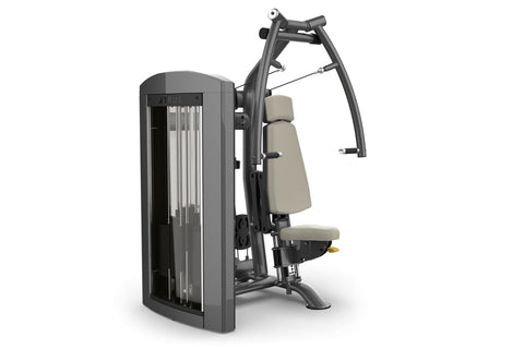 TRUE SPL-0900 chest press machine with black frame, cream-colored padded seat and back support, cable attachment arms, on whi