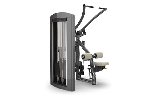 Black and gray lat pulldown machine with cream-colored padded seat and handles, featuring dual vertical weight stacks on whit