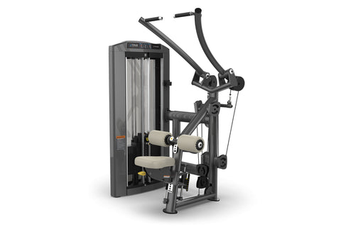 Black and gray lat pulldown machine with cream-colored padded seat and handles, featuring dual vertical weight stacks on whit