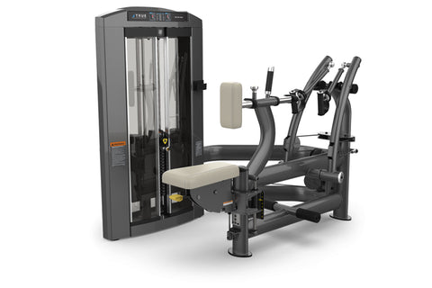TRUE SPL-1200 Seated Row machine with gray frame, beige seat and backrest, cable system with black handles, on white backgrou
