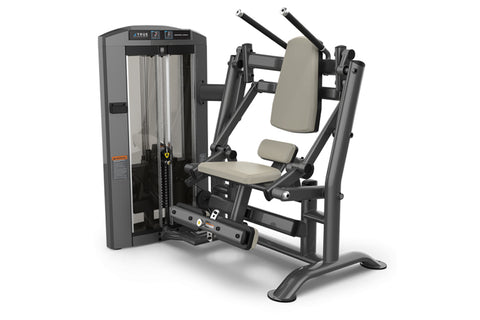 TRUE SPL-1400 abdominal crunch machine with gray frame, black handles, and beige padded seat and back support on white backgr