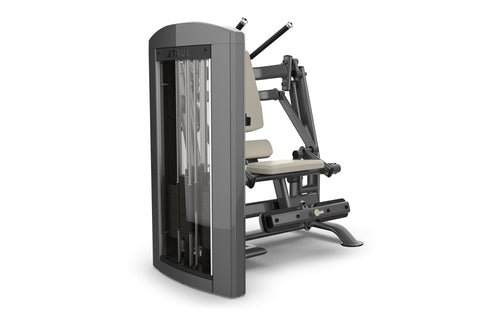 TRUE SPL-1400 abdominal crunch machine with gray frame, black handles, and beige padded seat and back support on white backgr