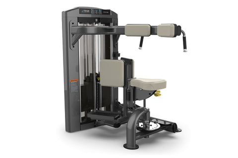 TRUE Rotary Torso commercial gym machine with gray frame, black base, beige padded seat and arm pads, on white background