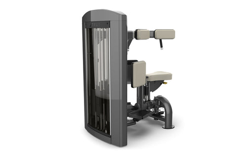 TRUE Rotary Torso commercial gym machine with gray frame, black base, beige padded seat and arm pads, on white background