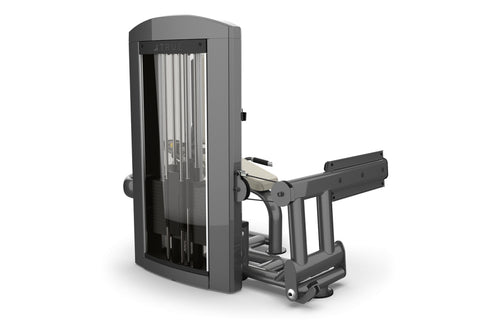 Gray and beige commercial leg press machine with digital display, padded seat, and footplate on white background