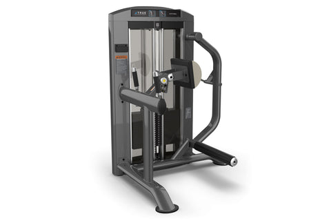 TRUE SPL-1700 glute press machine in black and gray with curved handles and padded seat, front three-quarter view on white ba