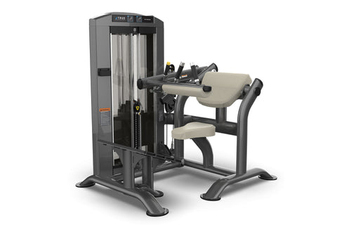 TRUE SPL-2000 hip thruster machine with gray frame, beige padded seat and backrest, weight stack on left side, on white backg