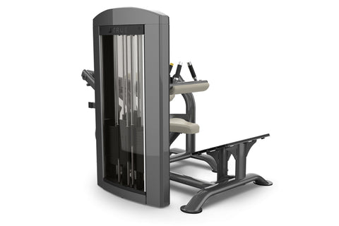 TRUE SPL-2000 hip thruster machine with gray frame, beige padded seat and backrest, weight stack on left side, on white backg