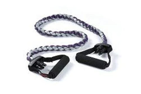 Spri braided tubing resistance band with gray and navy woven cord and black padded handles on white background