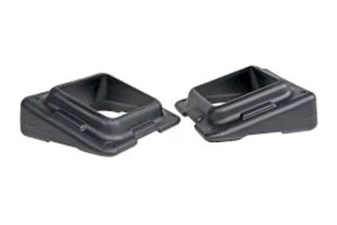 Two black plastic slanted risers with hollow square openings, shown from front and side angles on white background