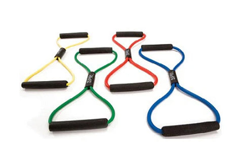 Spri Ultra Toner resistance bands in yellow, green, red, and blue with black foam handles, displayed on white background