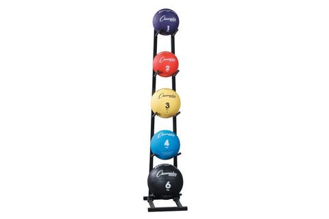 Black vertical medicine ball rack holding five colored balls numbered 1-6, purple, red, yellow, blue, and black on white back