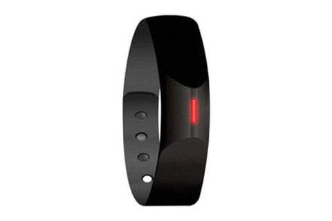 Black fitness band tracker with red LED display and three control buttons on white background