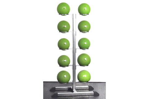 Warrior Slam Ball Storage Rack with ten green weighted medicine balls labeled 10 to 50 pounds, displayed on metal stand