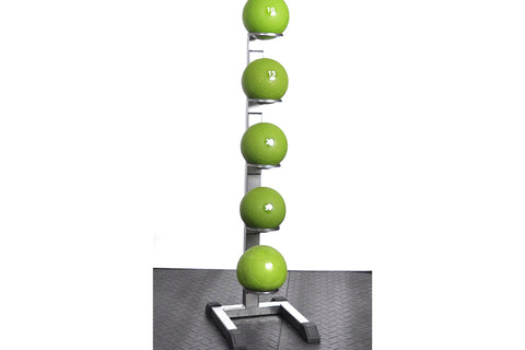 Vertical medicine ball storage rack with five lime green slam balls labeled 10, 15, 20, 25, and 30 pounds on metal post with 