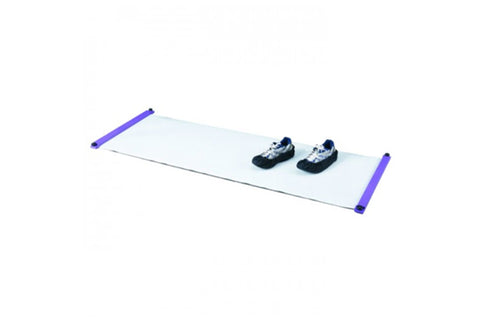 Warrior Slidemate Horizontal Trainer with blue handles and white surface, featuring two black and white training shoes on whi
