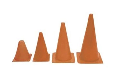 Four orange soft agility cones in graduated sizes, displayed in a line on white background