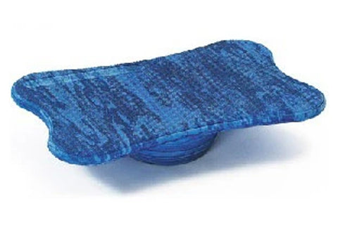 Blue textured foam pad with contoured shape and wavy edges on white background