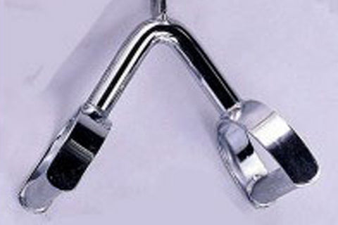 Warrior Solid Dual Purpose Bar with chrome finish and black grip sections, hanging on white background