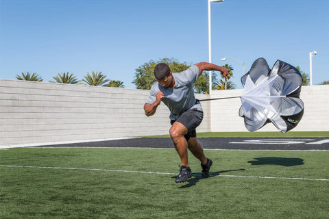 SKLZ Speed Chute training parachute with gray and black panels and white straps on white background