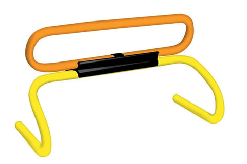 Orange and yellow plastic speed hurdles with black foam grip handle on white background