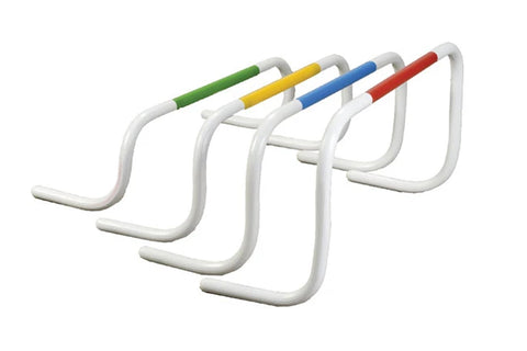 Set of four white speed hurdles with colored handles in green, yellow, blue, and red on white background