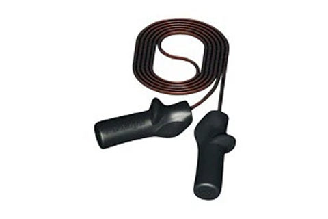 Warrior Speed Jump Rope with black handles and brown cord on white background