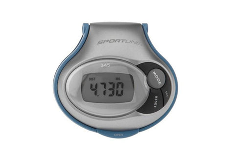 Sportline 345 digital pedometer with gray and blue case, LCD display showing step count, and black mode and reset buttons