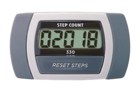 Gray and white digital pedometer with LCD screen displaying step count 8,230 and "Reset Steps" button on white background