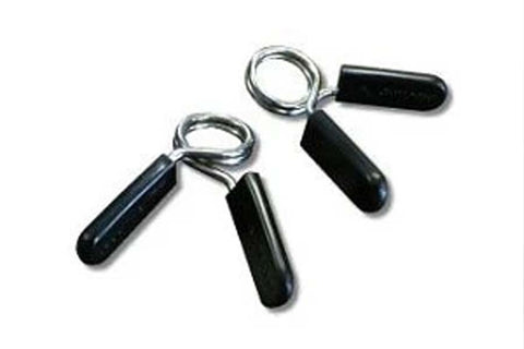 Two black spring collars with silver metal rings and black rubber handles, shown on white background