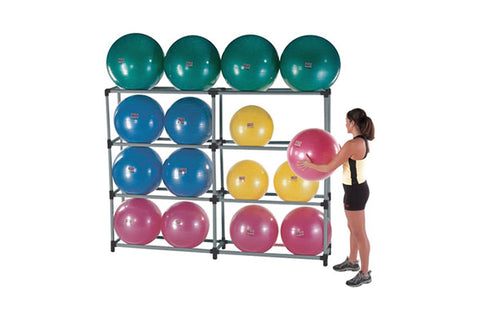 Metal stability ball storage rack with teal, blue, yellow, and pink exercise balls, woman placing ball on shelf