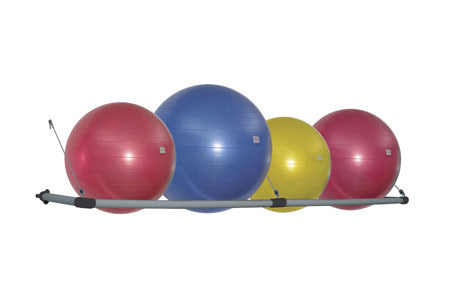 Warrior Stability Ball Wall Storage Rack holding four exercise balls in red, blue, yellow, and burgundy on metal frame