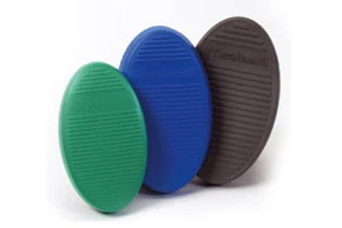 Three oval balance trainer discs in green, blue, and black with textured rubber surfaces on white background