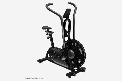 Black air exercise bike with curved dual handles, digital display console, and fan-style wheel, on white background