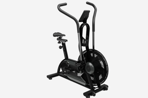 Black air exercise bike with curved dual handles, digital display console, and fan-style wheel, on white background