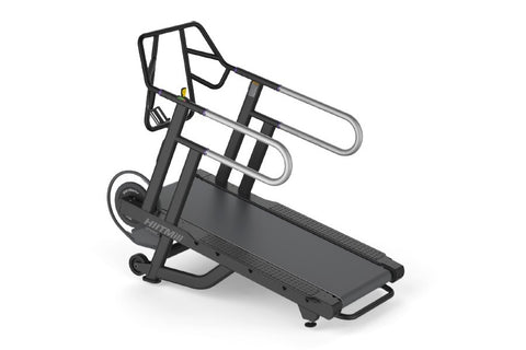 Black motorized treadmill with dual handrails, digital display, and textured running belt on white background