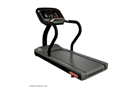 Black commercial treadmill with digital display console, curved handrails, and wide running deck on white background