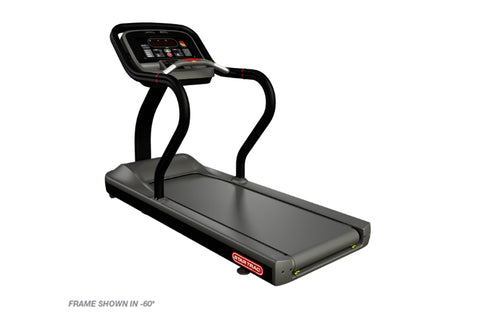 Star Trac STRx treadmill with black frame, padded running deck, digital display console, and curved handrails on white backgr